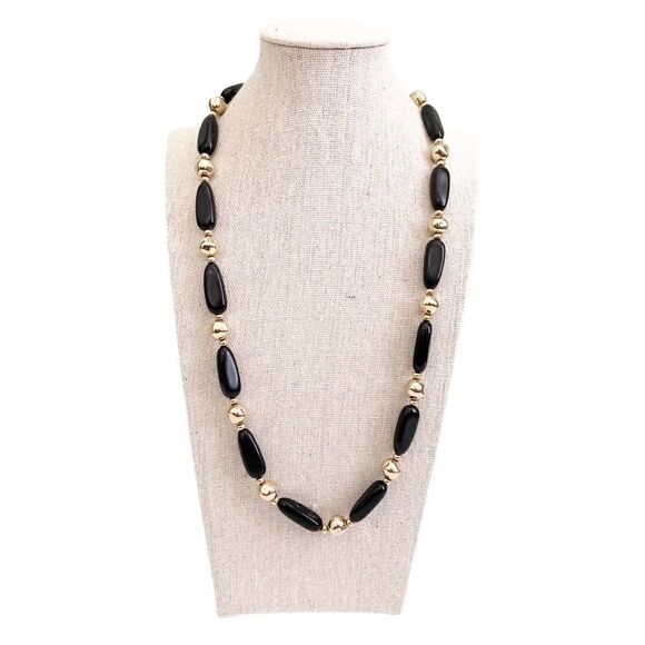 Vintage Boho Beaded Necklace in Black and Gold Tone - Picture 1 of 5